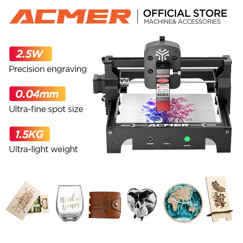 ACMER S1 ミニポータブルレーザー彫刻機 0.04*0.04mm ステンレス鋼の木材用スポットサイズ
